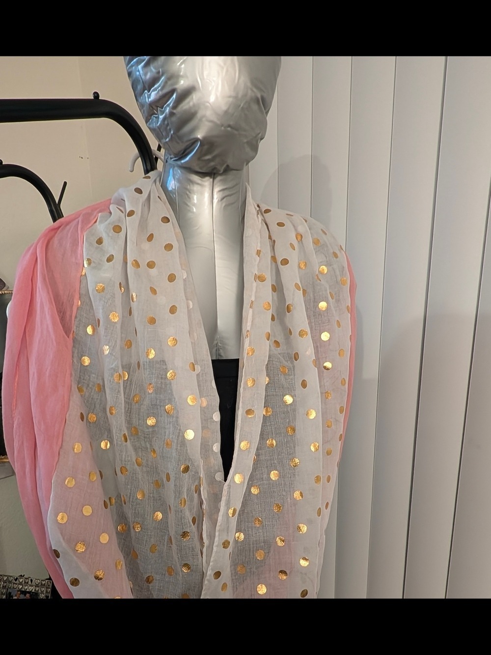 Scarf Sale ❤️7 For$35: Pink/ White Lightweight Infinity Scarf w/ Gold Polka Dots - Picture 4 of 8
